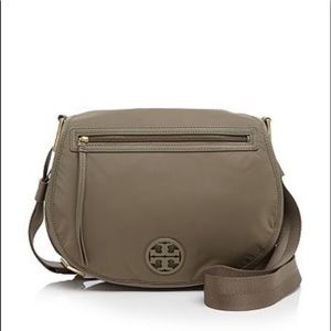 Tory Burch nylon orange and gold messenger crossbody bag with leather trim